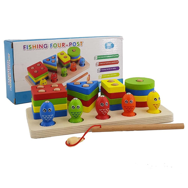 Wooden Shapes And Fish Four-Post Educational Toy