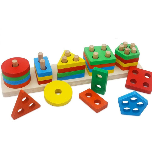 Geometrical Shape Sorting Block Puzzles Five Set Of Columns Wooden