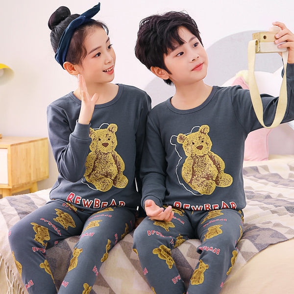 Dark Grey Teddy Bear Cartoon Printed Kids Night Suit Baby &amp; Baba