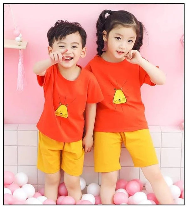 Summer Super Comfy Cotton Breathable T-shirt + Shorts Orange With Yellow Cat Print