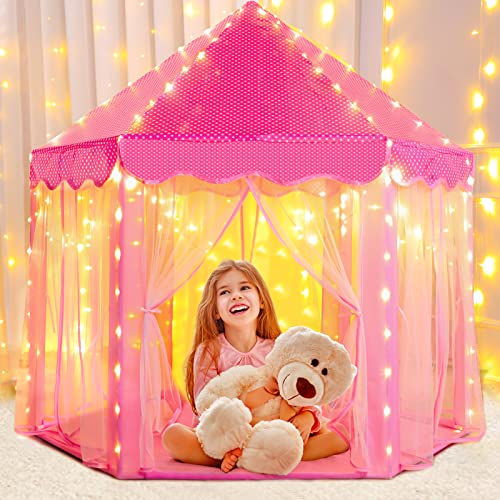 Princess Tent Girls Pink Large Playhouse With Lights for Indoor and Outdoor