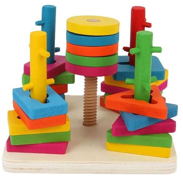 Wooden Five Column Shape Sorting and Stacking Puzzle