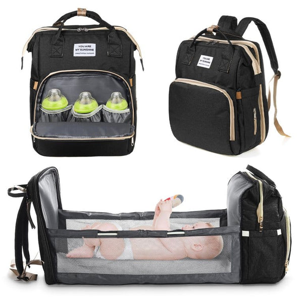 4 In 1 Waterproof Travel Diaper Backpack &amp; Changing Bed Black