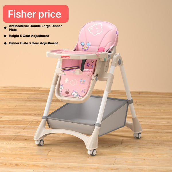 Fisher Price Baby Adjustable Feeding High Chair With Wheels - White &amp; Pink - I-PP