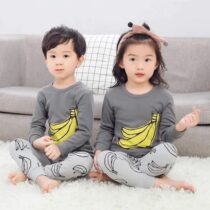 Grey and Yellow Banana Print Kids Night Suit Baby & Baba