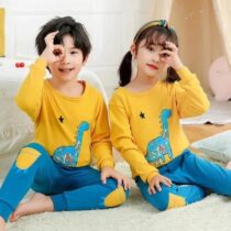 Yellow Blue Dino Printed Kids Night Suit Baby & Baba