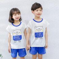 Summer Super Comfy Cotton Breathable T-shirt + Shorts Blue And White Born To Hug Print