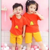 Summer Super Comfy Cotton Breathable T-shirt + Shorts Orange With Yellow Cat Print
