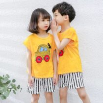 Summer Super Comfy Cotton Breathable T-shirt + Shorts Yellow Car Print
