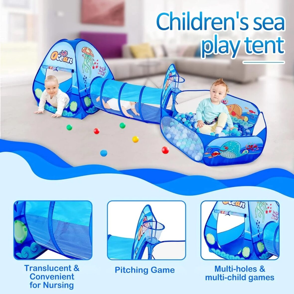 Infantes 3 Pc Ball Pit Kids Tunnel Tent Ocean Blue (2)