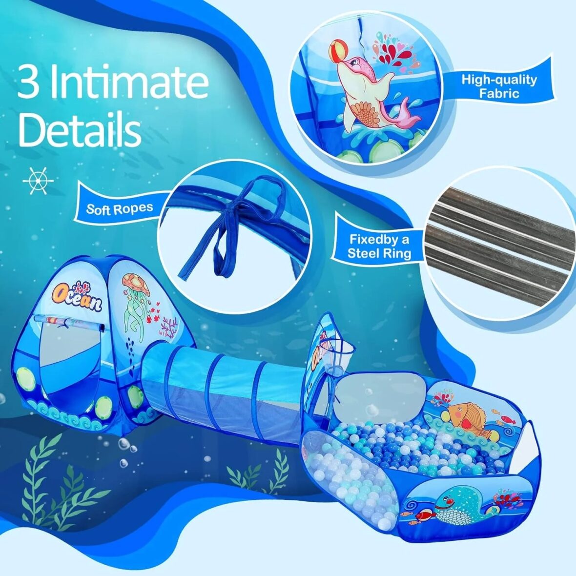 Infantes 3 Pc Ball Pit Kids Tunnel Tent Ocean Blue (3)