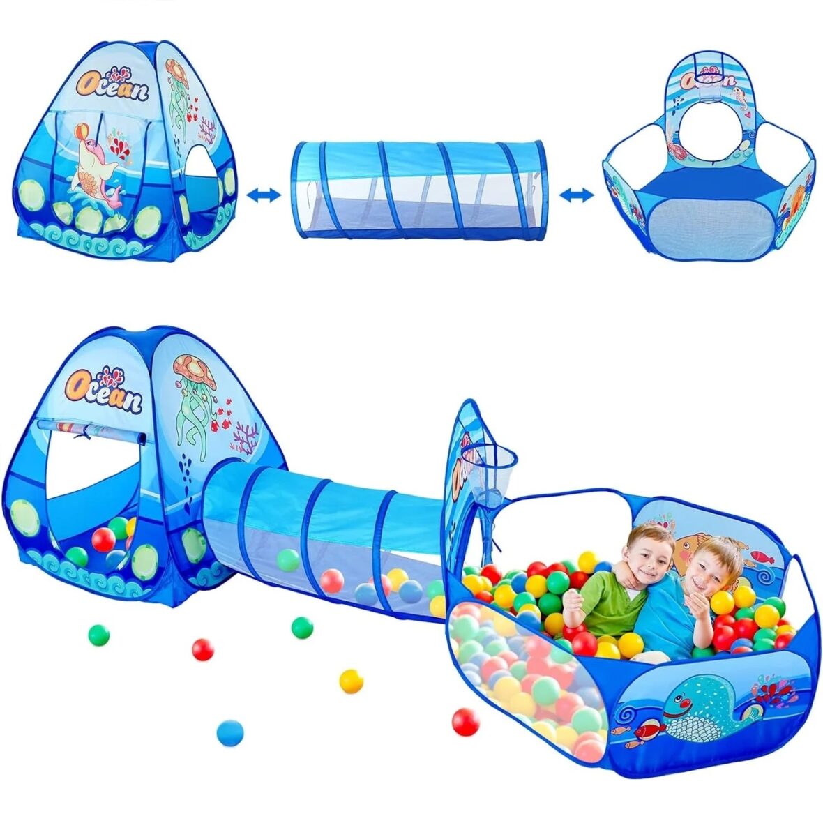 Infantes 3 Pc Ball Pit Kids Tunnel Tent Ocean Blue