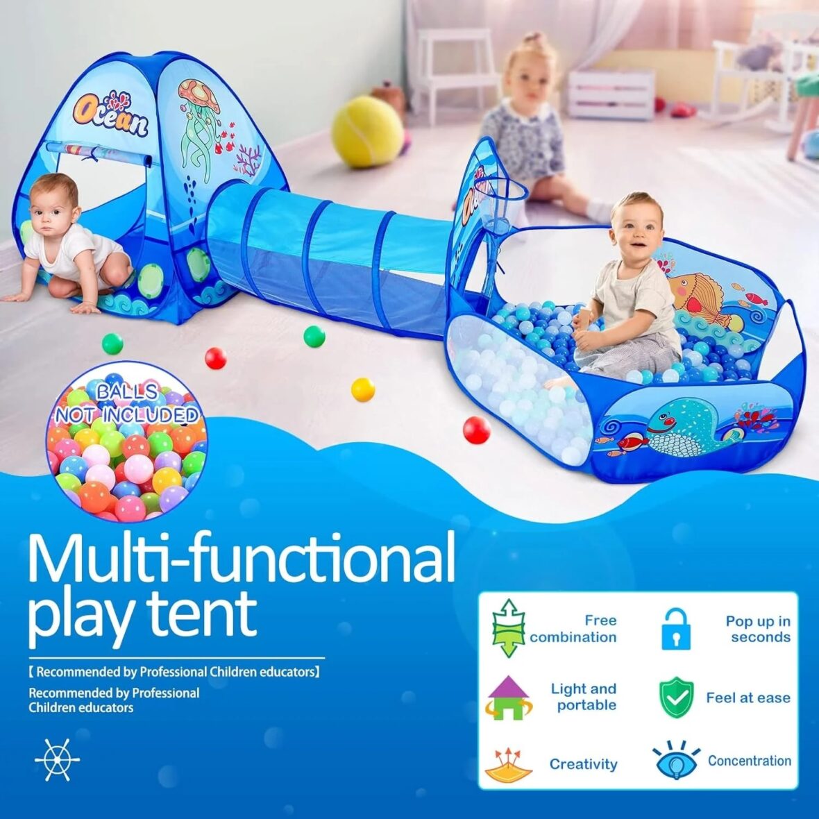 Infantes 3 Pc Ball Pit Kids Tunnel Tent Ocean Blue (6)