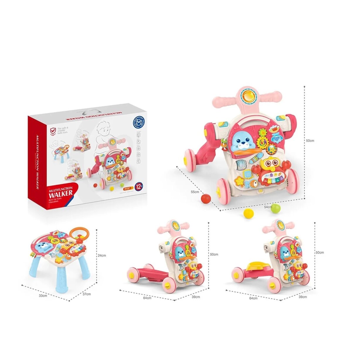 Huanger 4 in 1 Multifunction Baby Walker With Music- Trendy Design – Pink