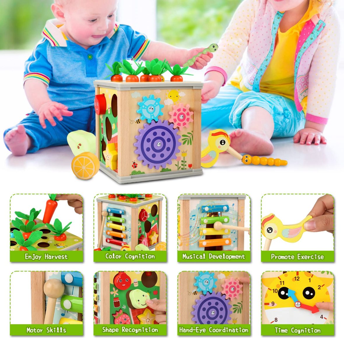 6-in-1 Wooden Activity Cube Shape Sorter Carrot Harvest Xylophone Learning Clock 2