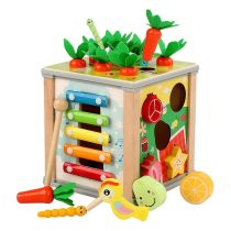 6-in-1 Wooden Activity Cube Shape Sorter Carrot Harvest Xylophone Learning Clock