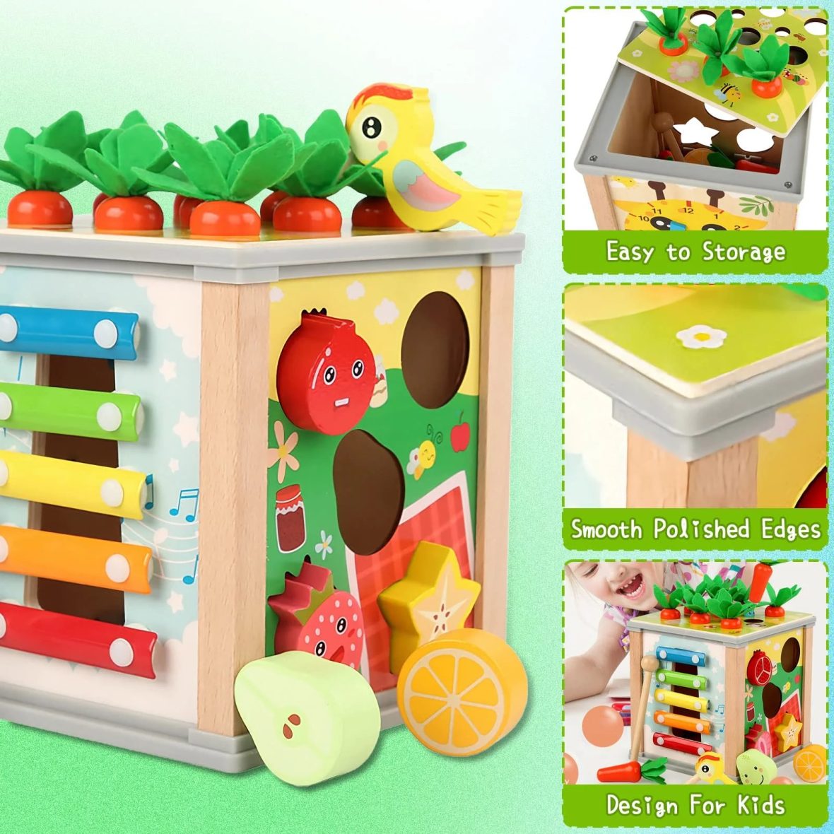 6-in-1 Wooden Activity Cube Shape Sorter Carrot Harvest Xylophone Learning Clock 5